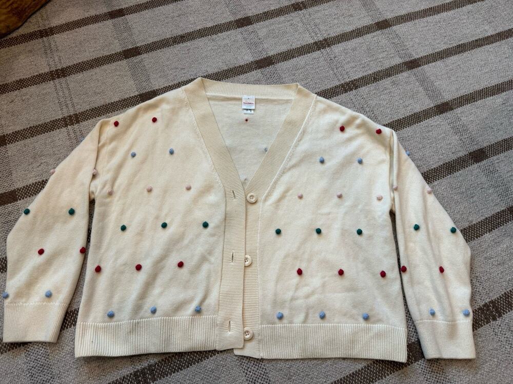 Hanna Andersson Pom Pom Dot V Neck Cardigan Sweater Cream Medium